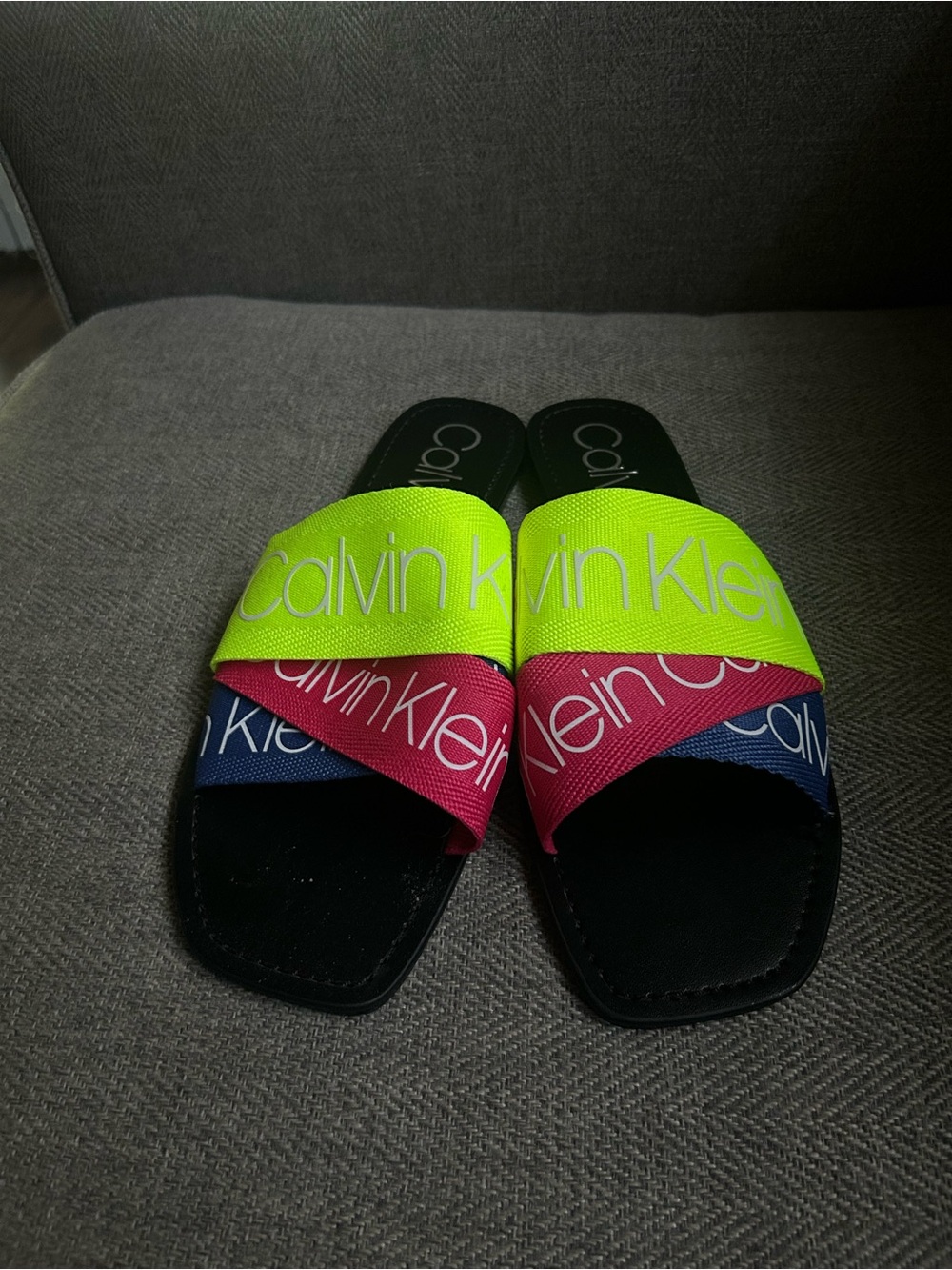Calvin Klein Neon Yellow, Hot Pink & Navy Slide Sandals